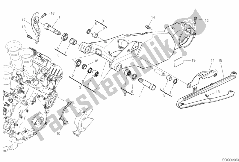 All parts for the Rear Swinging Arm of the Ducati Superbike Panigale V4 S Thailand 1100 2019